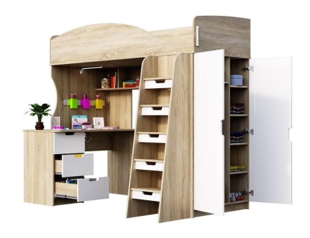 Детская Кровать-Чердак Сэнди Дуб Сонома/Белый Глянец (Д-1235 х В-1820 х Г-2038 мм)